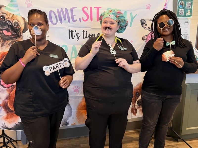 Three people in black scrubs holding dog-themed photo props